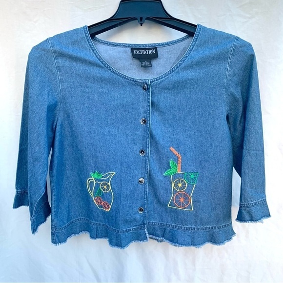 Vintage Tops - Vintage Excitation Denim Embroidered Appliqué Spring Summer Button Up Sz Medium
